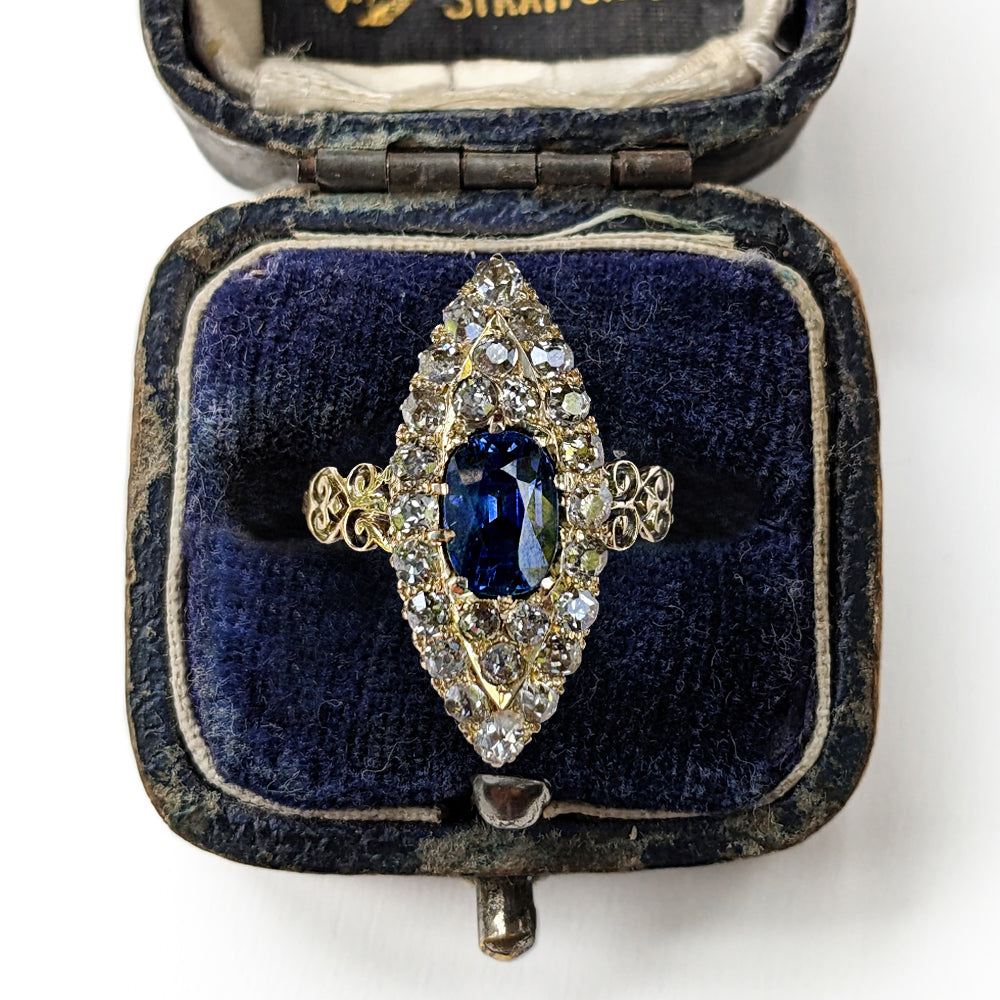 Vintage 1ct Sapphire & 0.75ct Diamond Marquise Cluster Ring