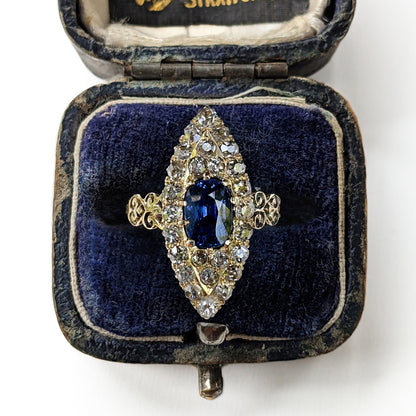Vintage 1ct Sapphire & 0.75ct Diamond Marquise Cluster Ring