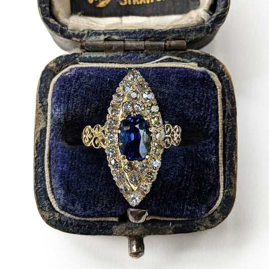 Vintage 1ct Sapphire & 0.75ct Diamond Marquise Cluster Ring