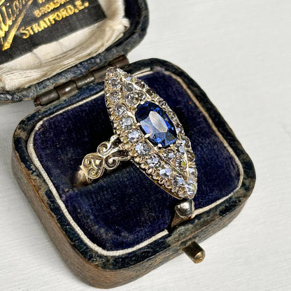 Vintage 1ct Sapphire & 0.75ct Diamond Marquise Cluster Ring
