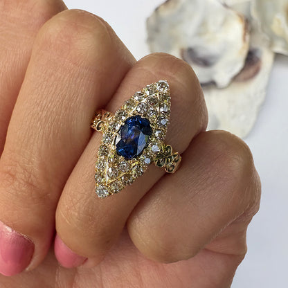 Vintage 1ct Sapphire & 0.75ct Diamond Marquise Cluster Ring