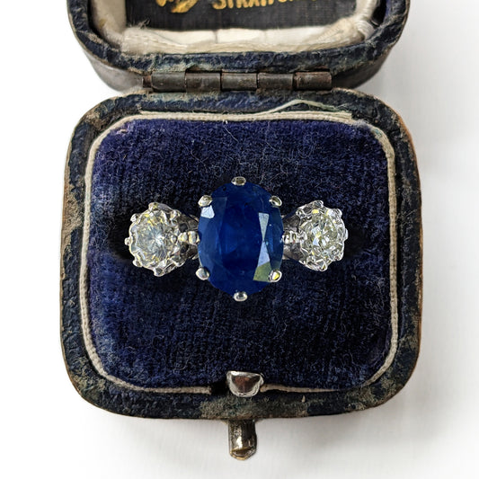 Vintage Platinum 1.50ct Sapphire & 0.30ct Diamond Trilogy Ring