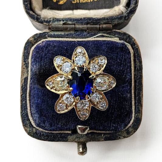 Antique 1ct Sapphire & 1.25ct Diamond Floral Cluster Ring