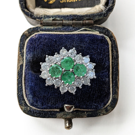 Vintage 1ct Emerald & 0.50ct Diamond Cluster Ring