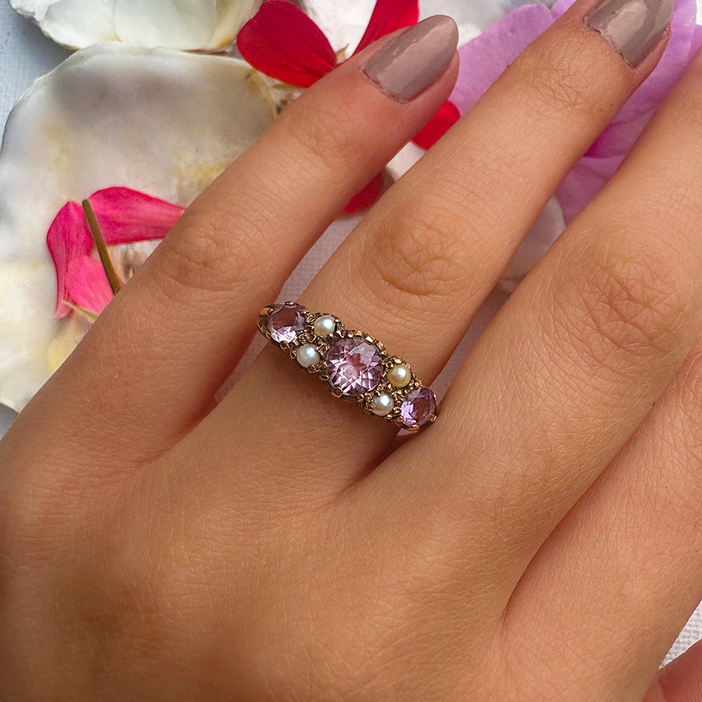 Vintage Amethyst & Pearl Seven Stone Ring