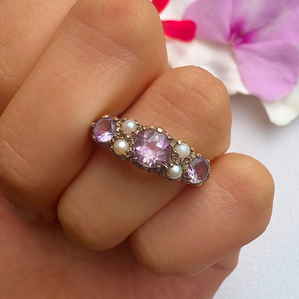 Vintage Amethyst & Pearl Seven Stone Ring
