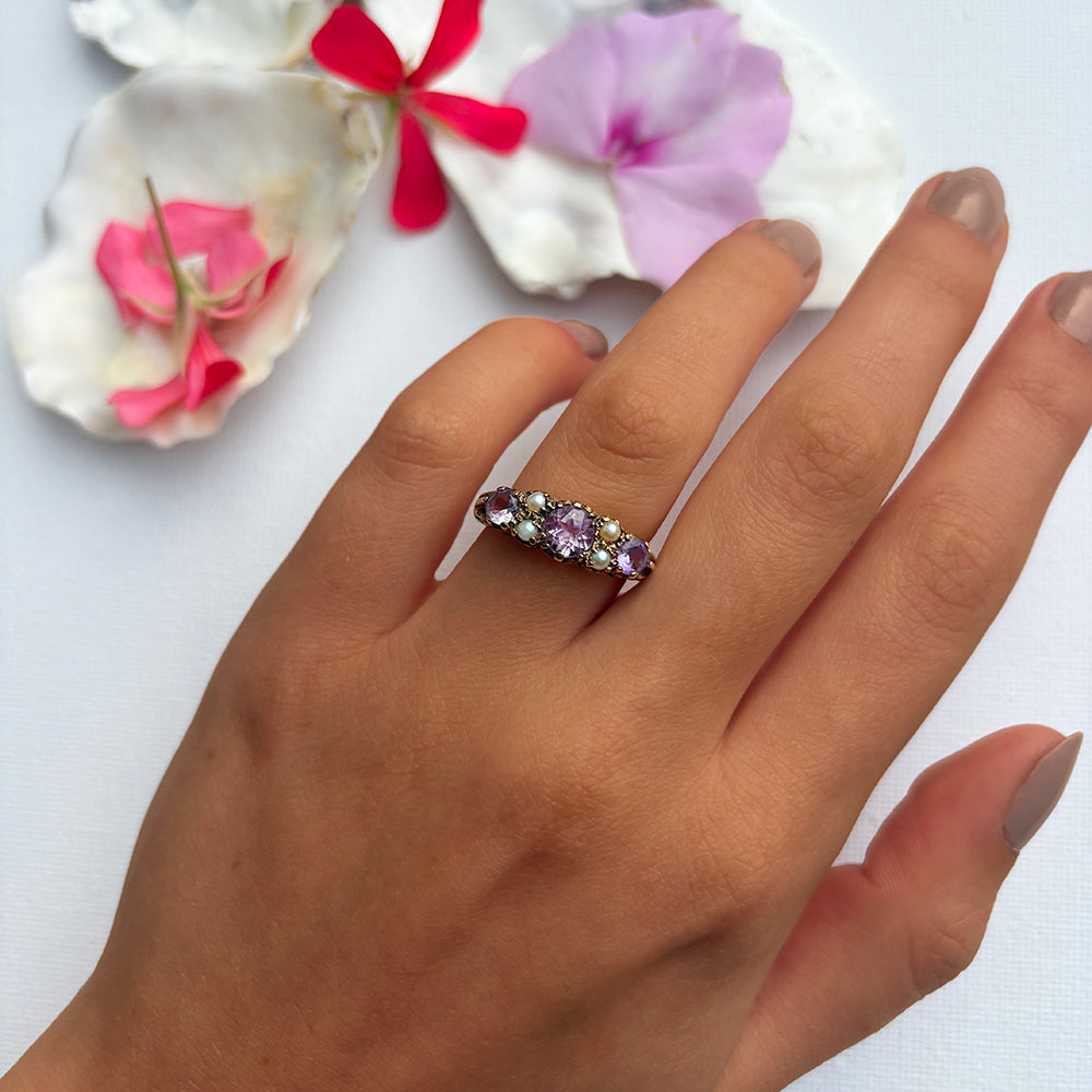 Vintage Amethyst & Pearl Seven Stone Ring