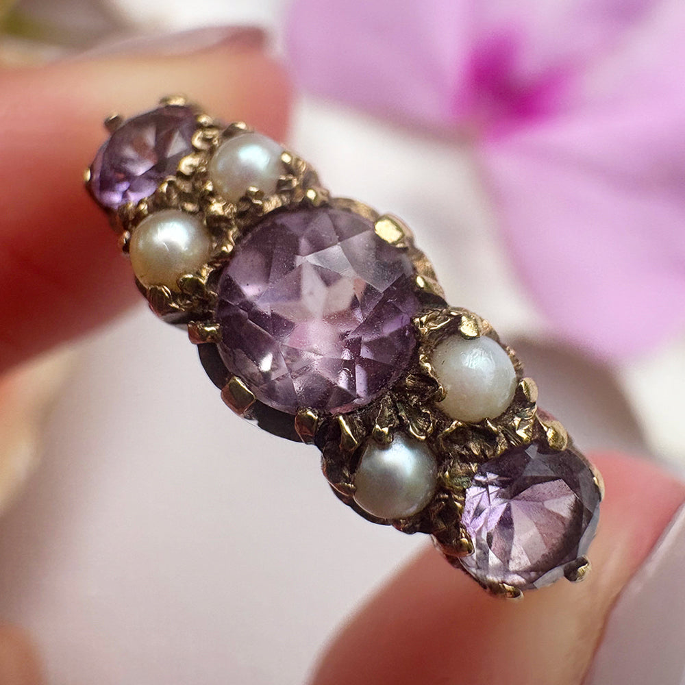 Vintage Amethyst & Pearl Seven Stone Ring