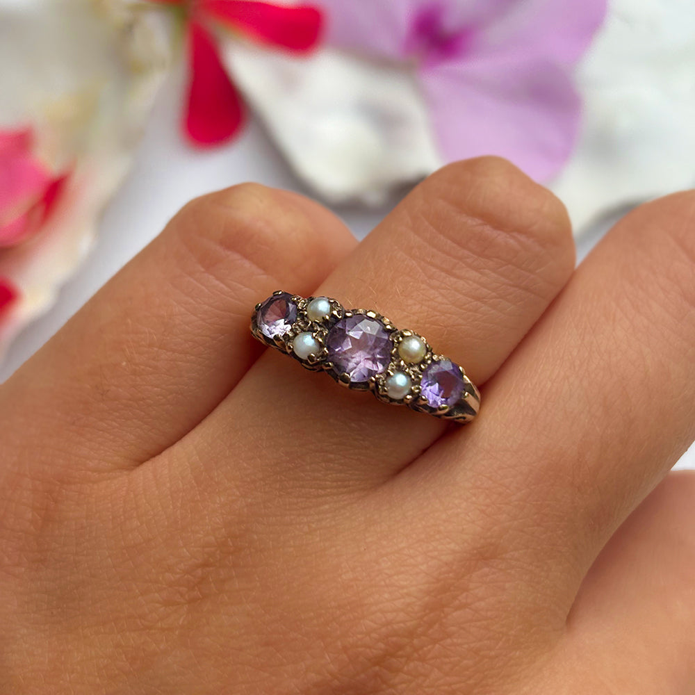 Vintage Amethyst & Pearl Seven Stone Ring