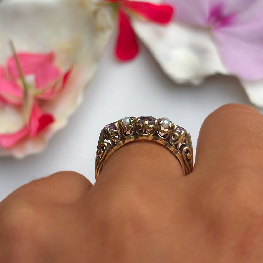 Vintage Amethyst & Pearl Seven Stone Ring