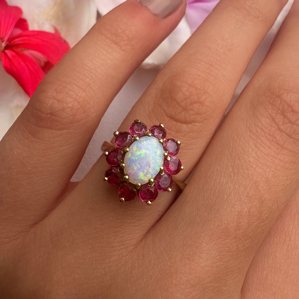 c1980's Vintage Opal & Garnet Floral Cluster Ring