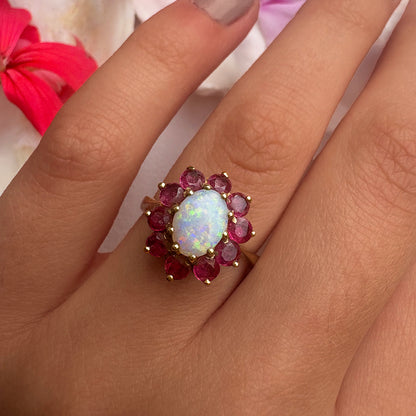 c1980's Vintage Opal & Garnet Floral Cluster Ring
