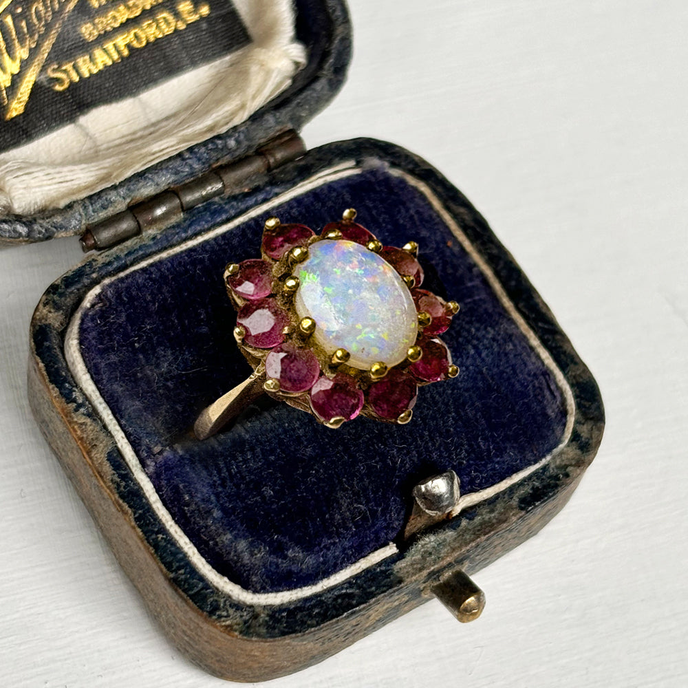 c1980's Vintage Opal & Garnet Floral Cluster Ring