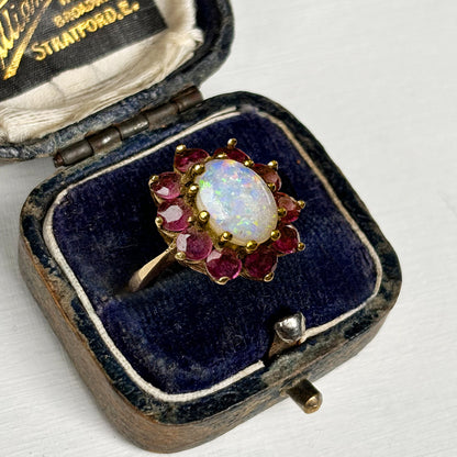 c1980's Vintage Opal & Garnet Floral Cluster Ring