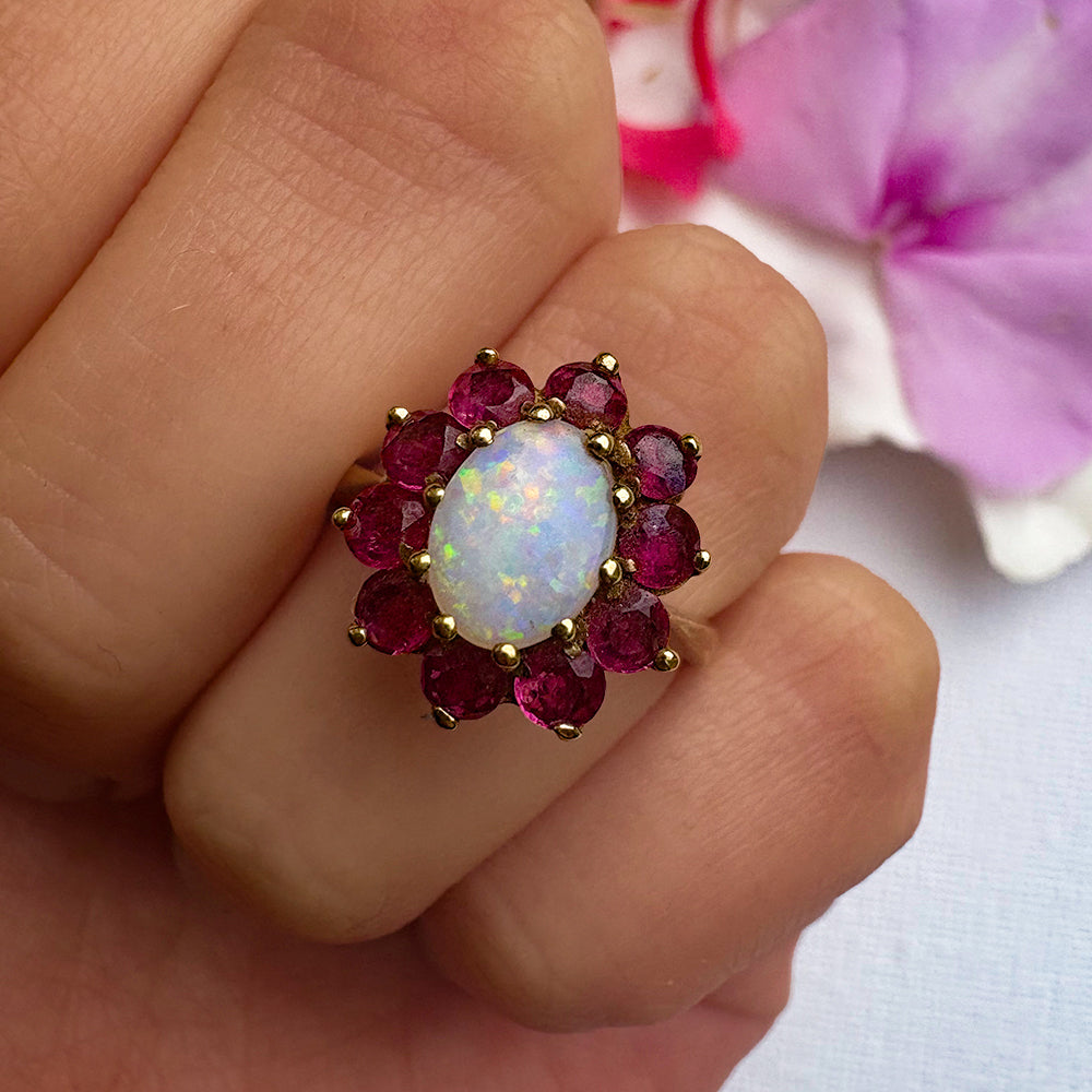c1980's Vintage Opal & Garnet Floral Cluster Ring