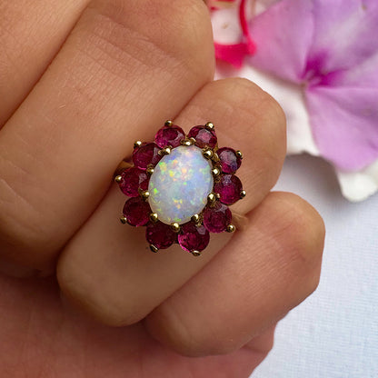 c1980's Vintage Opal & Garnet Floral Cluster Ring