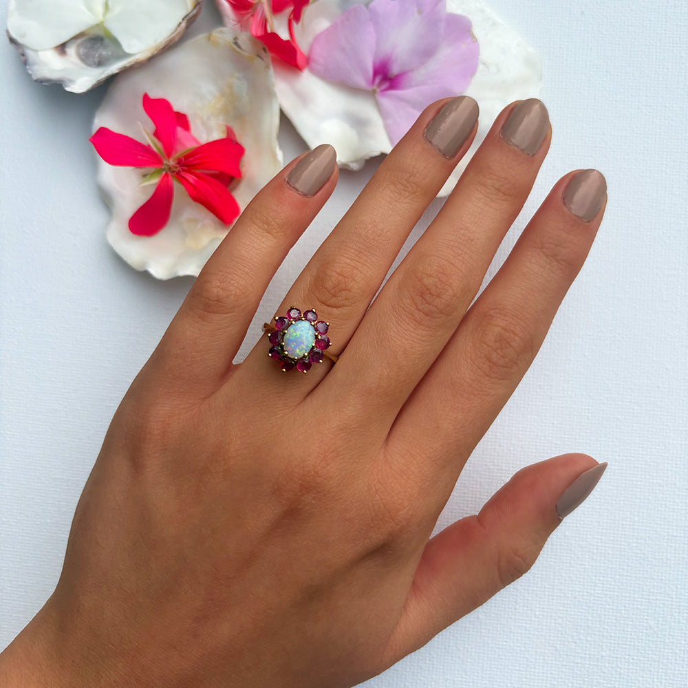 c1980's Vintage Opal & Garnet Floral Cluster Ring