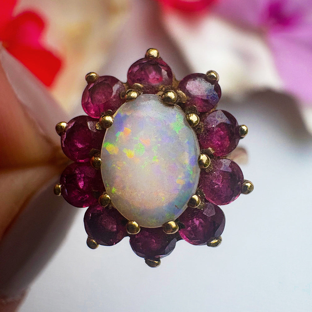 c1980's Vintage Opal & Garnet Floral Cluster Ring