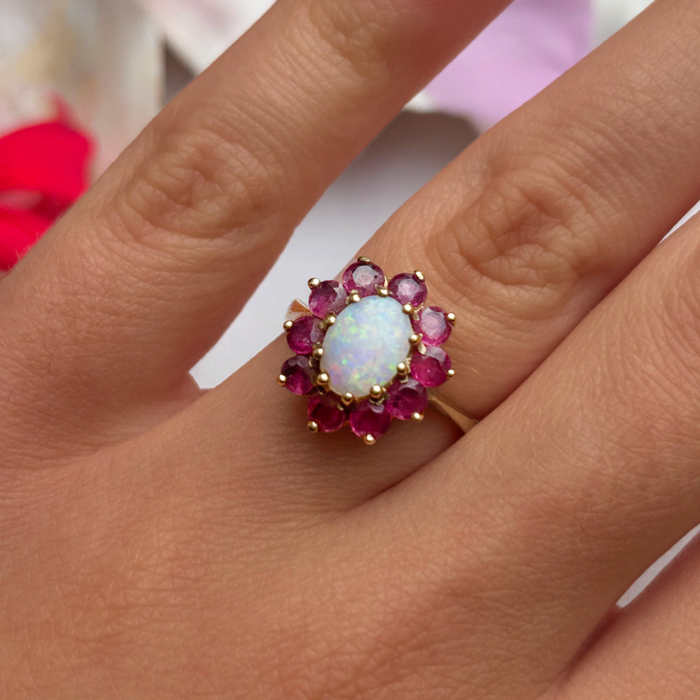 c1980's Vintage Opal & Garnet Floral Cluster Ring