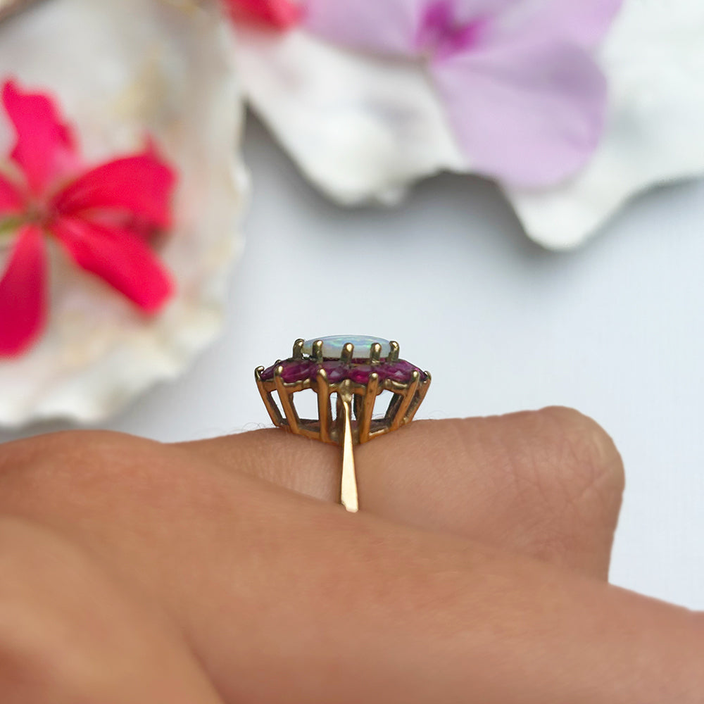c1980's Vintage Opal & Garnet Floral Cluster Ring