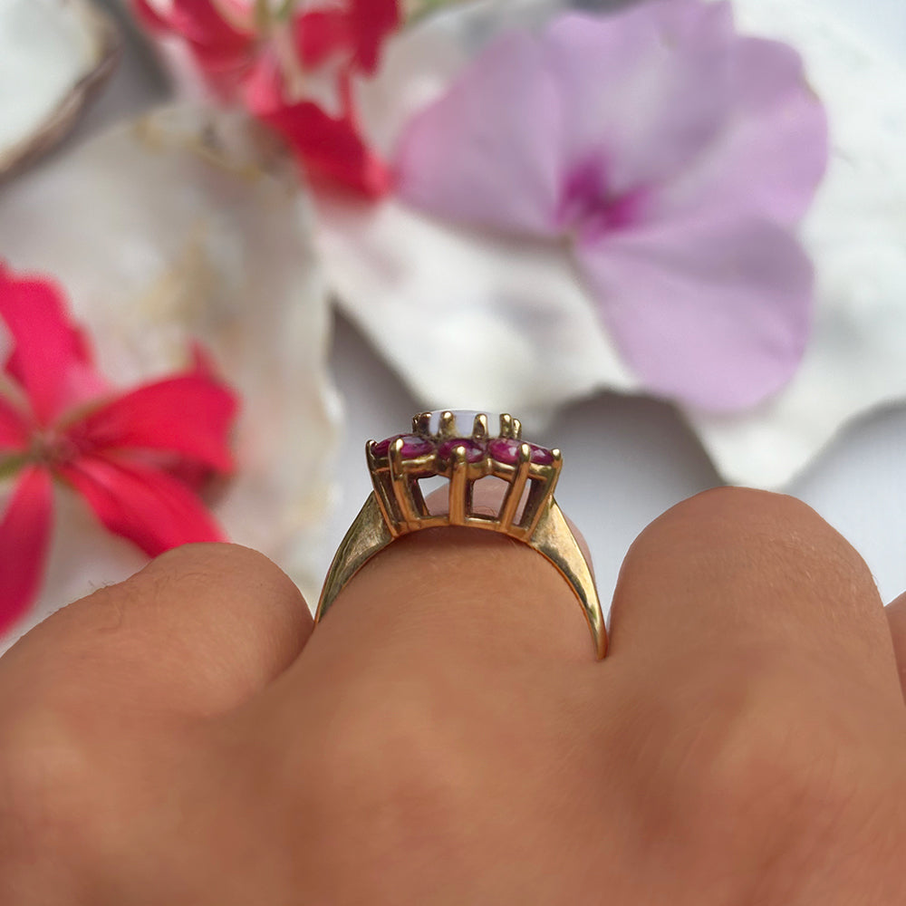 c1980's Vintage Opal & Garnet Floral Cluster Ring