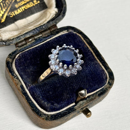1986 Vintage 1.5ct Sapphire & 0.25ct Diamond Cluster Ring