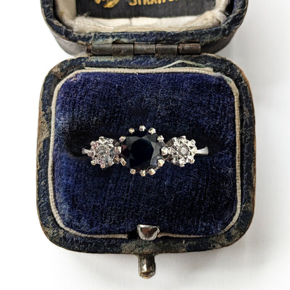 Vintage 9ct White Gold Sapphire & Diamond Trilogy