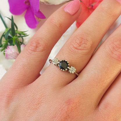 Vintage 9ct White Gold Sapphire & Diamond Trilogy