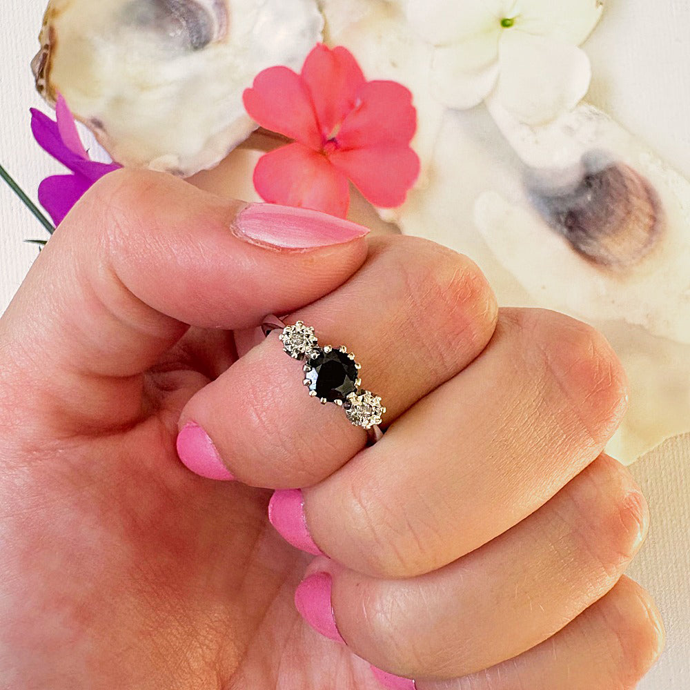 Vintage 9ct White Gold Sapphire & Diamond Trilogy