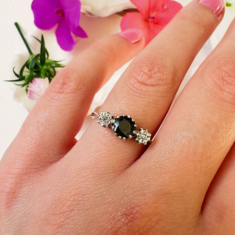 Vintage 9ct White Gold Sapphire & Diamond Trilogy