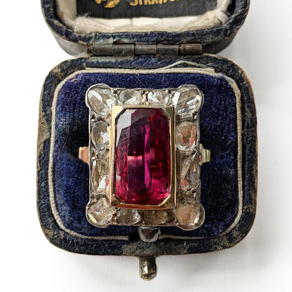 Antique 18ct Yellow Gold Ruby & Rose Cut Diamond Panel Ring