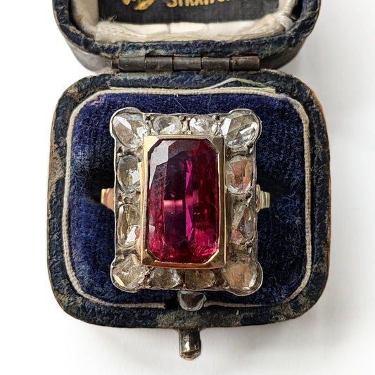 Antique 18ct Yellow Gold Ruby & Rose Cut Diamond Panel Ring
