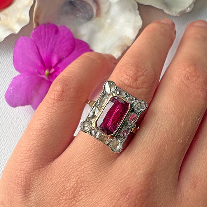 Antique 18ct Yellow Gold Ruby & Rose Cut Diamond Panel Ring