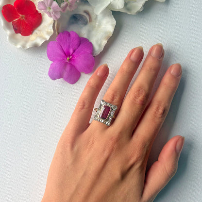 Antique 18ct Yellow Gold Ruby & Rose Cut Diamond Panel Ring