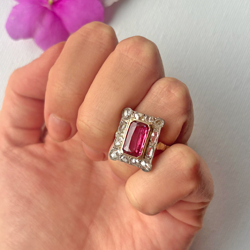 Antique 18ct Yellow Gold Ruby & Rose Cut Diamond Panel Ring