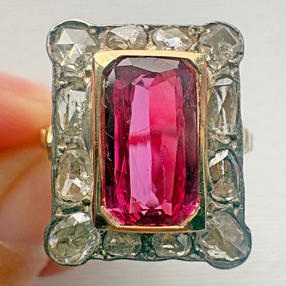 Antique 18ct Yellow Gold Ruby & Rose Cut Diamond Panel Ring