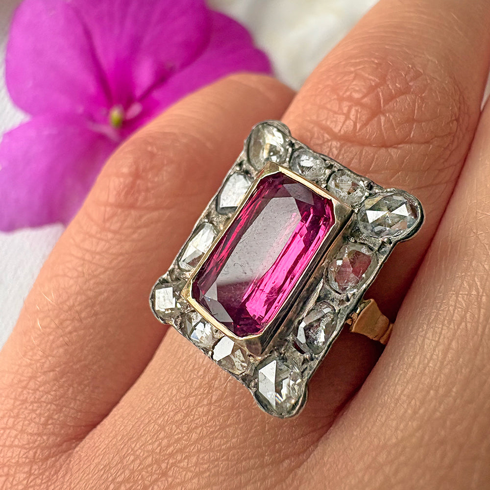 Antique 18ct Yellow Gold Ruby & Rose Cut Diamond Panel Ring