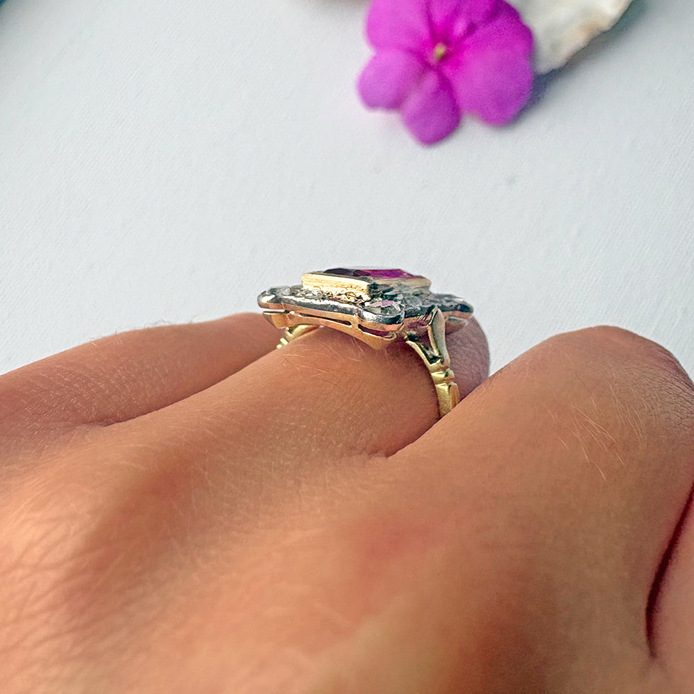 Antique 18ct Yellow Gold Ruby & Rose Cut Diamond Panel Ring
