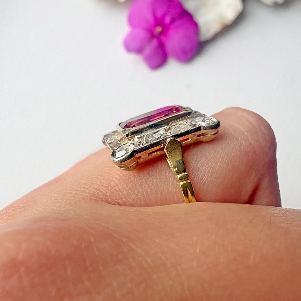 Antique 18ct Yellow Gold Ruby & Rose Cut Diamond Panel Ring
