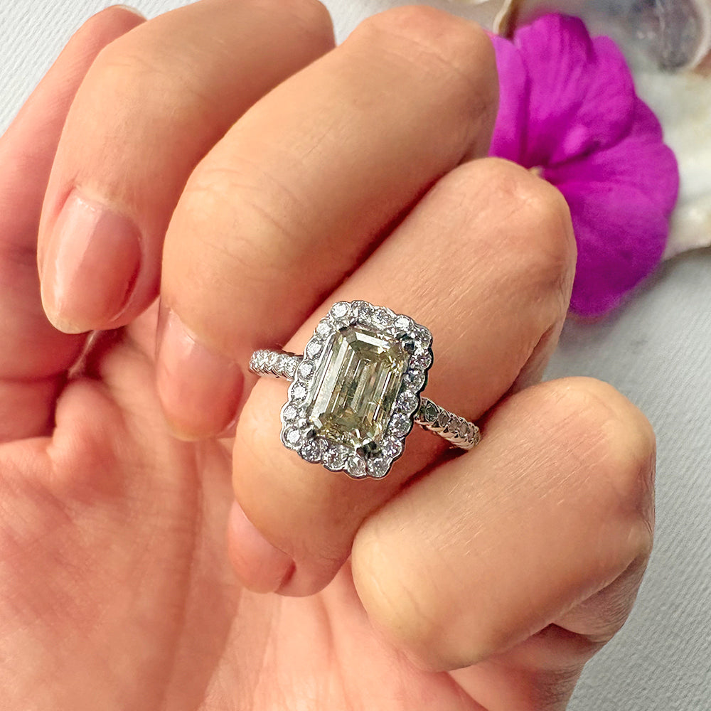 2009 Platinum 2.5ct Emerald Cut Diamond Halo Ring