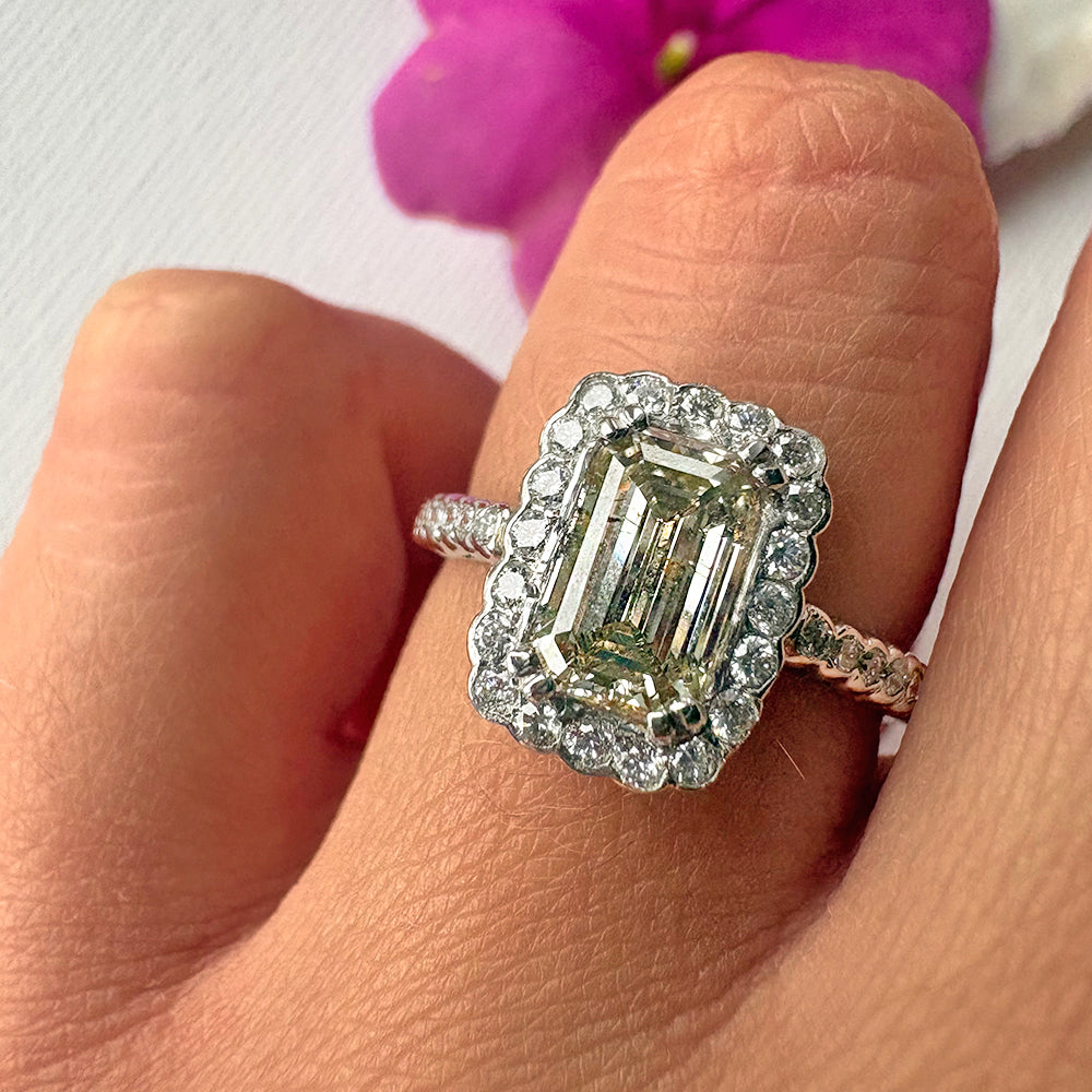 2009 Platinum 2.5ct Emerald Cut Diamond Halo Ring