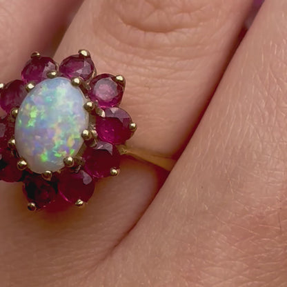c1980's Vintage Opal & Garnet Floral Cluster Ring