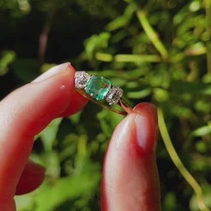 Antique 0.85ct Emerald & 0.50ct Diamond Trilogy Ring