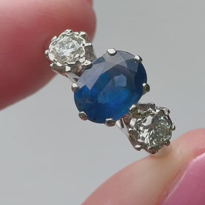 Vintage Platinum 1.50ct Sapphire & 0.30ct Diamond Trilogy Ring
