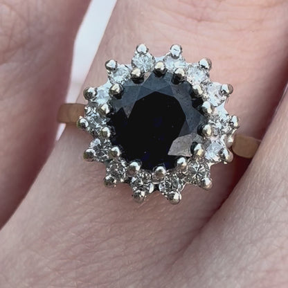 1986 Vintage 1.5ct Sapphire & 0.25ct Diamond Cluster Ring