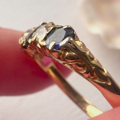 Antique 18ct Yellow Gold Sapphire & Old Cut Diamond Five Stone Ring