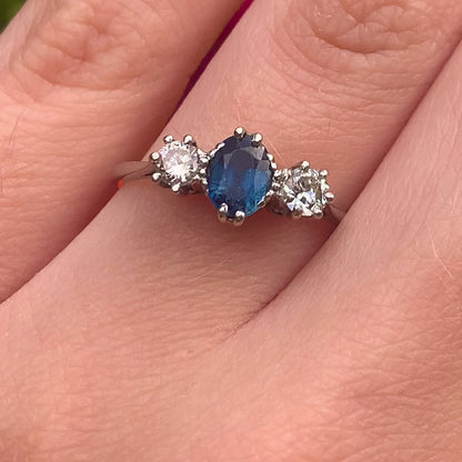 Vintage 0.75ct Sapphire & 0.30ct Diamond Trilogy Ring