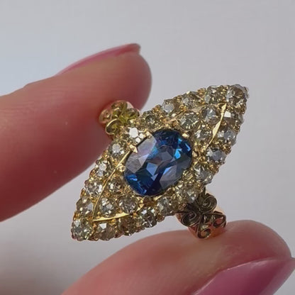 Vintage 1ct Sapphire & 0.75ct Diamond Marquise Cluster Ring