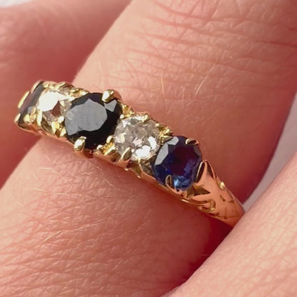 Antique 18ct Yellow Gold Sapphire & Old Cut Diamond Five Stone Ring