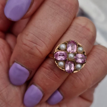 Vintage Pink Sapphire & Pearl Cluster Ring